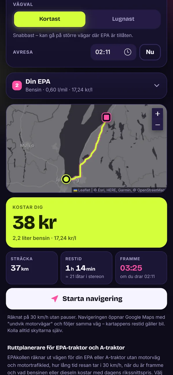 EPAkollen i mobilen med en uträknad rutt längs Vättern: 37 km, 1 h 14 min och 38 kr