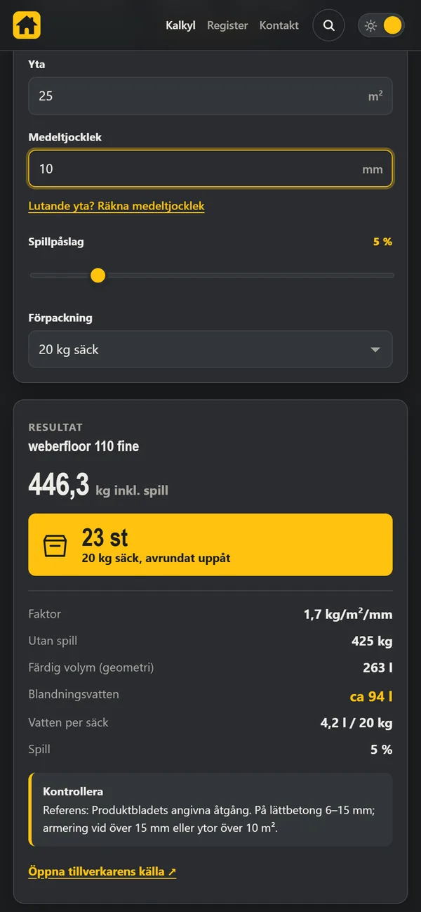 Mängdkollen i mobilen med ett uträknat resultat: 446 kg avjämningsmassa, 23 säckar