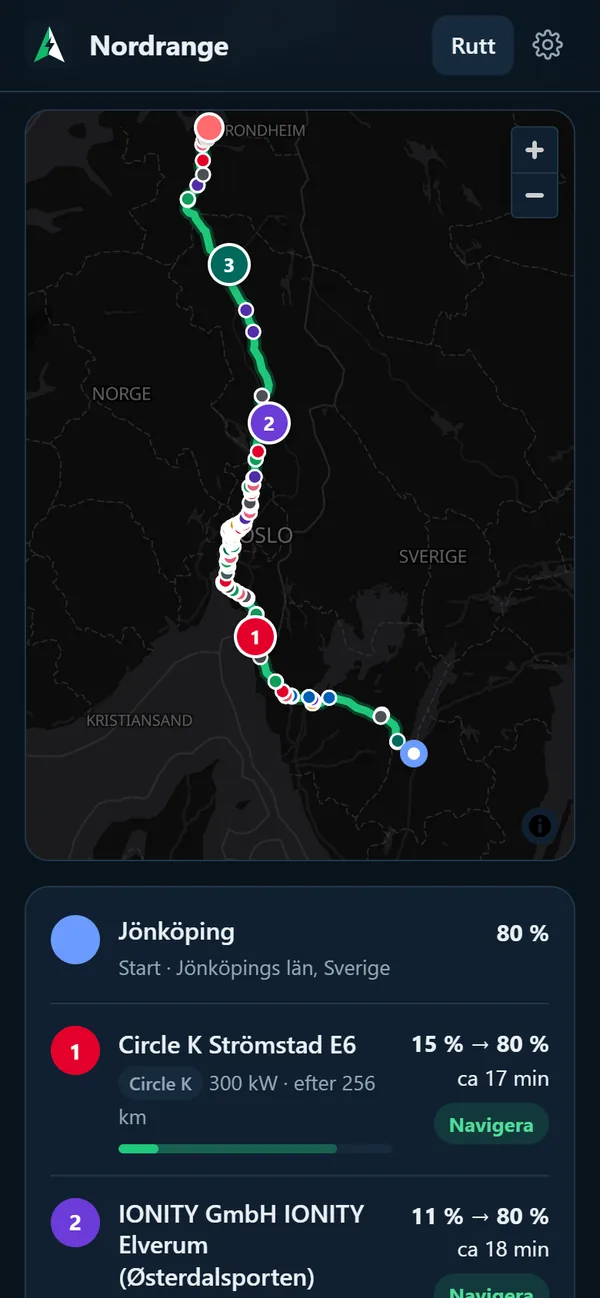Nordrange i mobilen: rutten Jönköping–Trondheim, 872 km med tre laddstopp