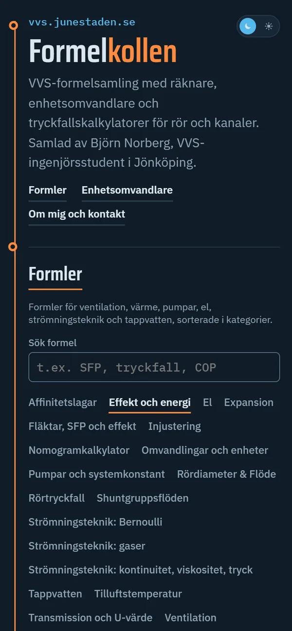 Formelkollen i mobilen: VVS-formelsamling med formelkategorier och sökfält